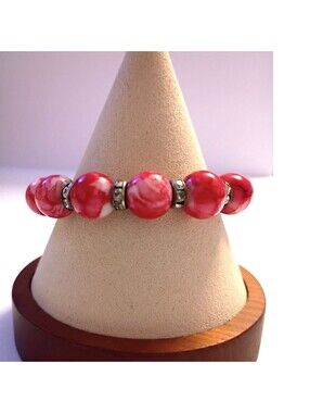 Beautiful Fire Red Glass Beaded Bracelet with Rhinestone Rondel Spacers Holidays